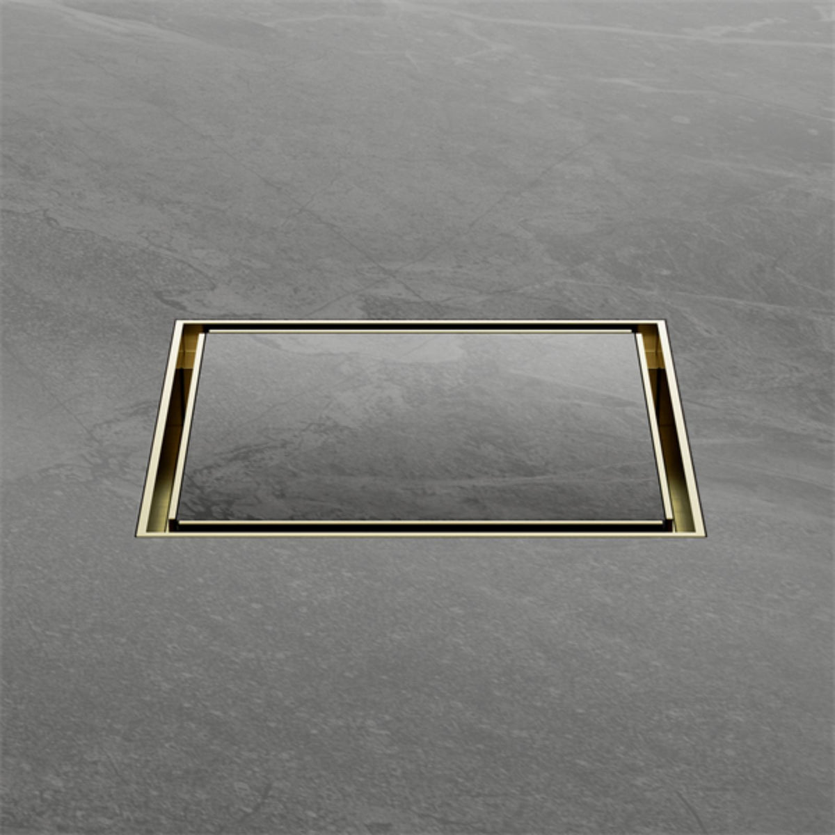 Nero square tile insert floor waste in brushed gold, shown flush in grey floor tiles