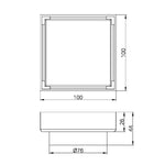 Nero 100mm square tile insert floor waste technical drawing, brushed gold, 80mm outlet, 100 x 100mm, 44mm deep