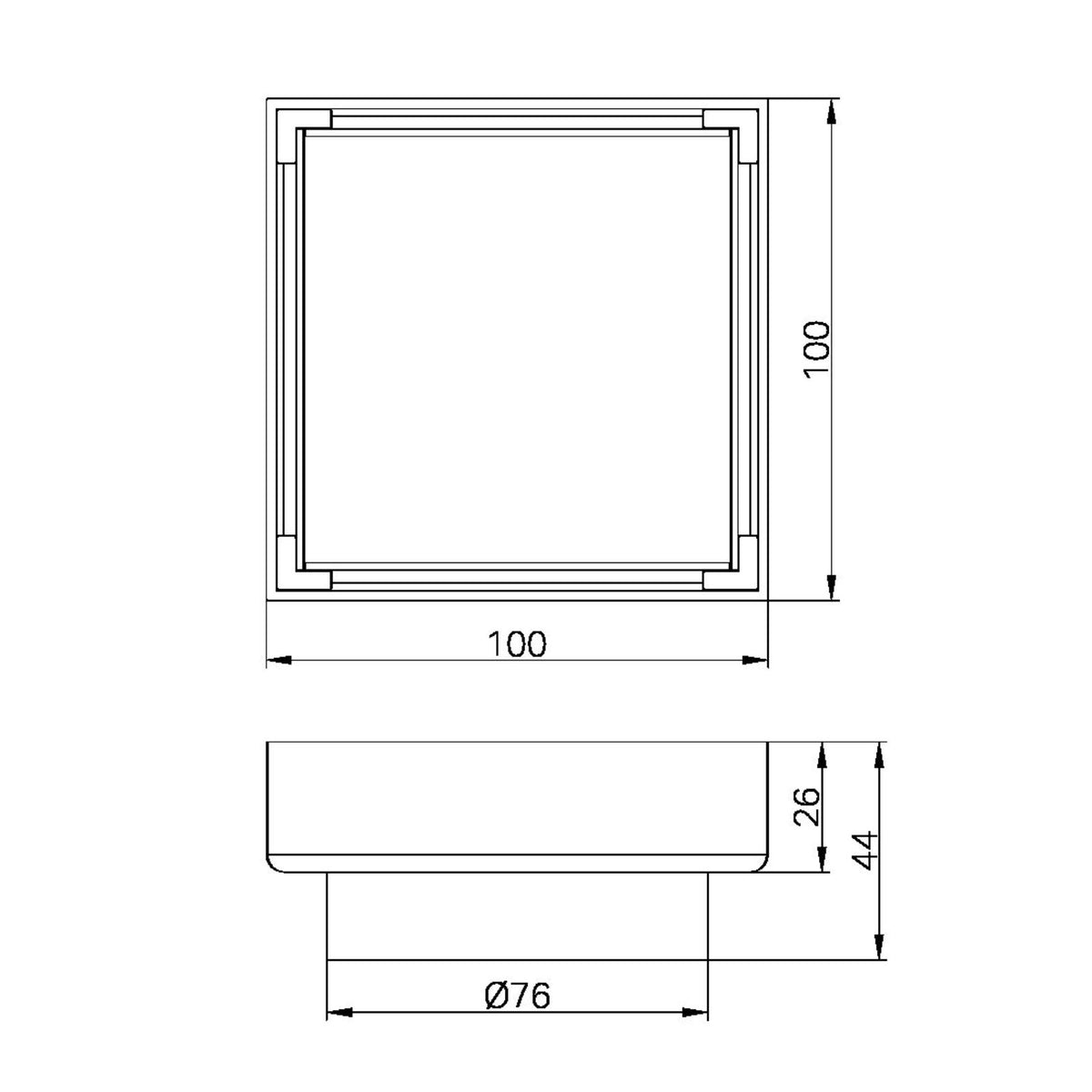 Nero 100mm square tile insert floor waste technical drawing, brushed gold, 80mm outlet, 100 x 100mm, 44mm deep