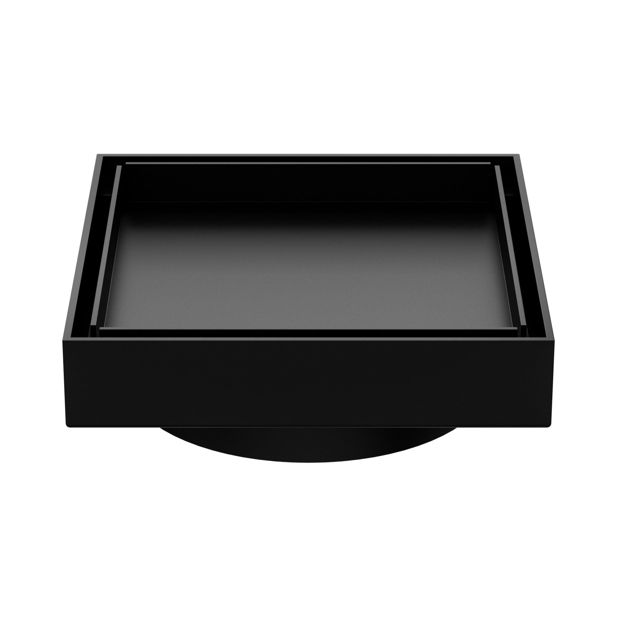 Nero 100mm square tile insert floor waste in matte black, front view, with 80mm outlet for showers and wet areas