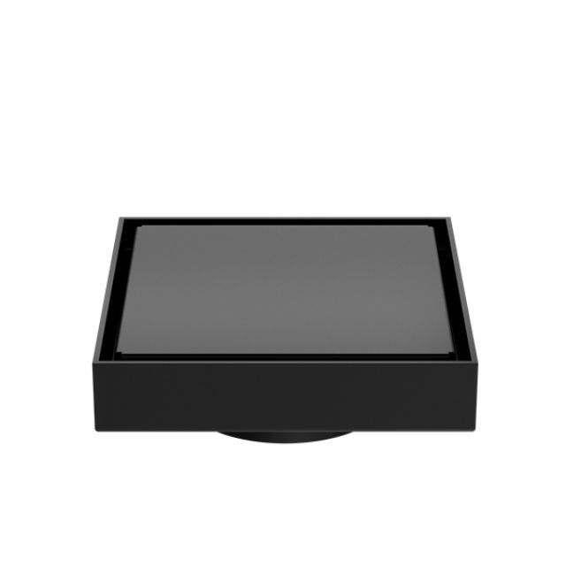 Nero square tile insert floor waste in matte black, 80mm outlet, front view on white background