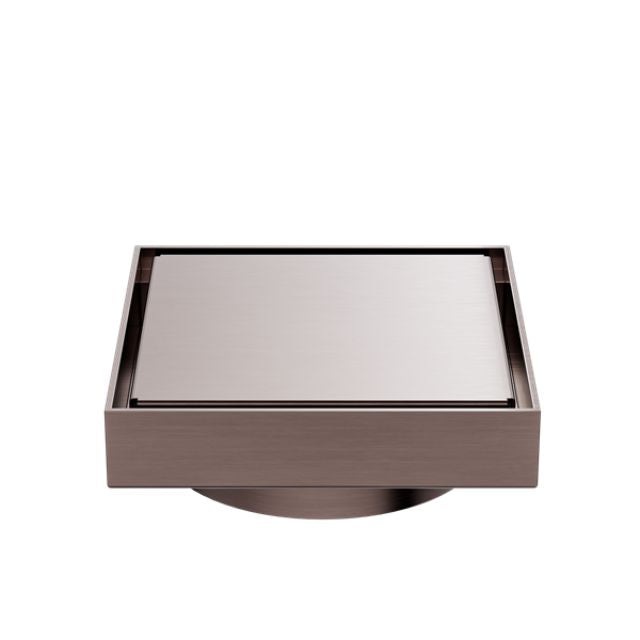 Nero square tile insert floor waste in brushed bronze, 100mm outlet, front view