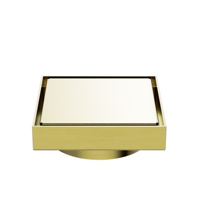 Nero square tile insert floor waste in brushed gold with 100mm outlet, shown front on against white background