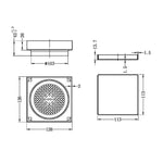 Technical drawing of Nero square tile insert floor waste, showing dimensions and side, top and front views in black linework