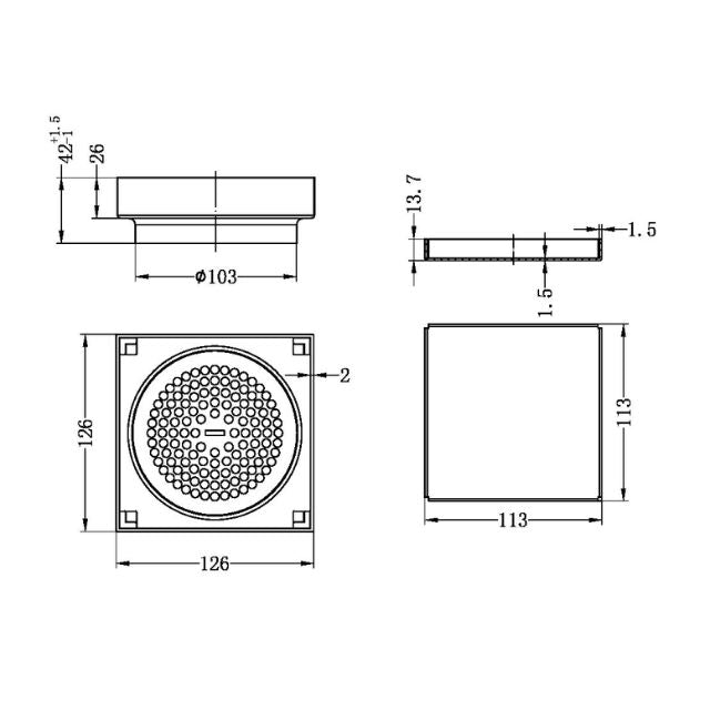 Technical drawing of Nero square tile insert floor waste, showing dimensions and side, top and front views in black linework