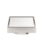 Nero square tile insert floor waste in brushed nickel, front view with 100mm outlet and brushed stainless steel finish