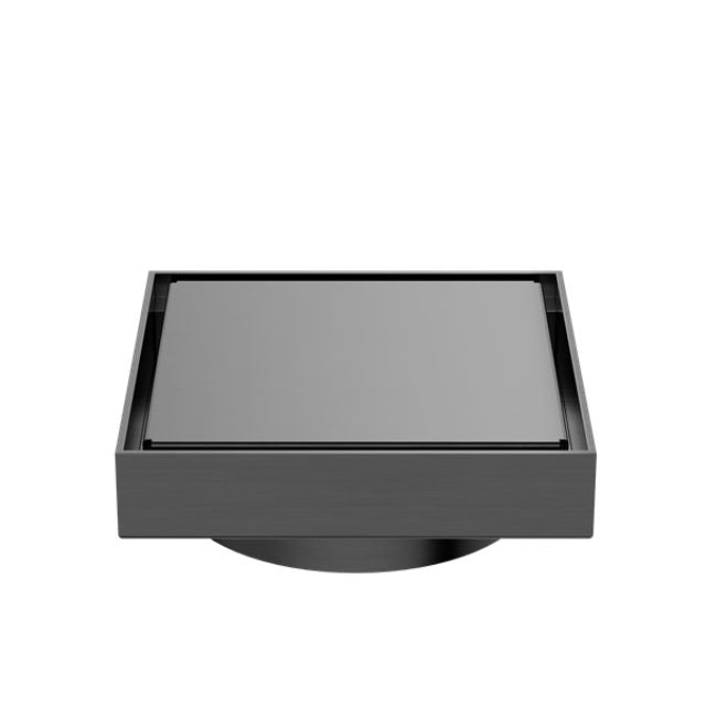 Nero square tile insert floor waste in gun metal, front view with 100mm outlet sleeve underneath