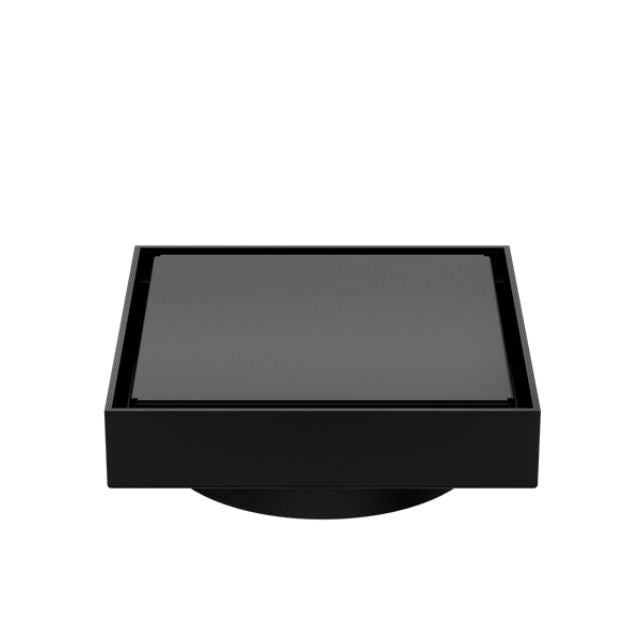 Nero square tile insert floor waste in matte black with 100mm outlet, front view on white background