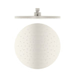 Nero round shower head in brushed nickel, front view with 250mm face and overhead arm connector