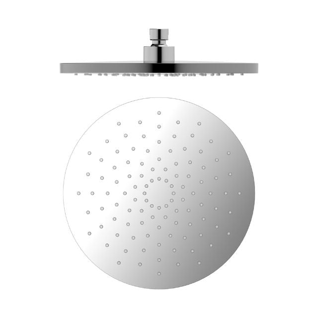 Nero 250mm round chrome shower head with overhead arm connection, shown front on against white background