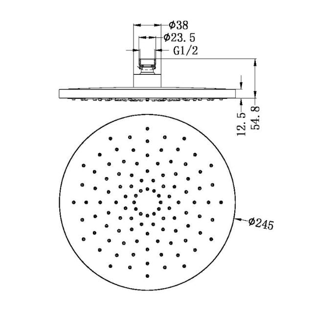 Nero 250mm round shower head technical drawing, matte black, with dimensions and G1/2 connection