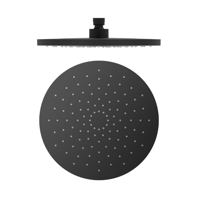 Nero round matte black shower head with wall arm, shown front and side views on white background