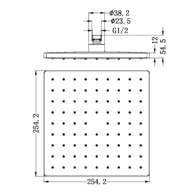 Technical drawing of a Nero square shower head in brushed nickel, showing front and side views with 254.2mm dimensions.