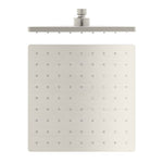 Nero 250mm square shower head in brushed nickel, front view, with single spray nozzles on a slim wall-mounted face.