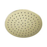 Nero round metal shower head in brushed gold, top view, with multiple spray nozzles on a white background