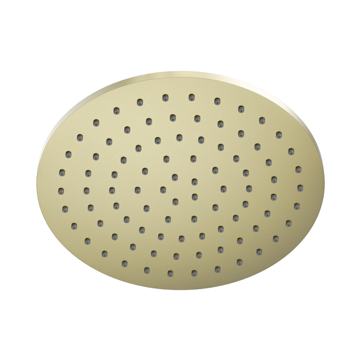 Nero round metal shower head in brushed gold, top view, with multiple spray nozzles on a white background