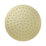 Nero round metal shower head in brushed gold, front view, with single spray nozzles and minimalist circular design