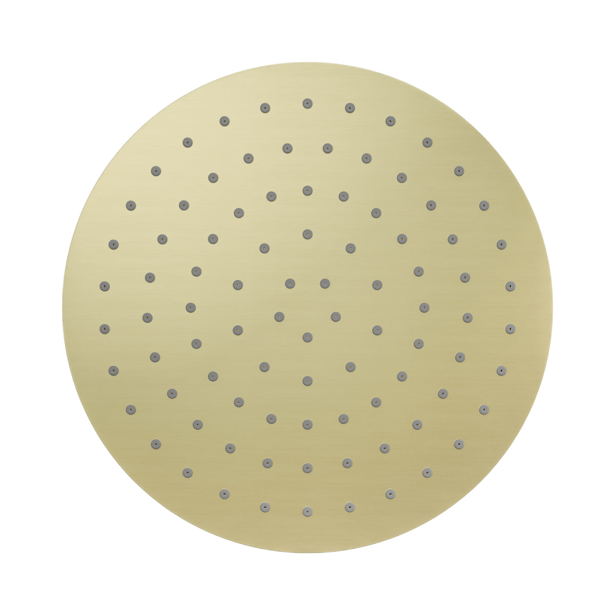 Nero round metal shower head in brushed gold, front view, with single spray nozzles and minimalist circular design
