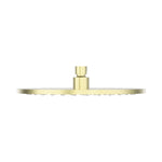Nero round metal shower head in brushed gold, side view, with slim profile and central connection fitting