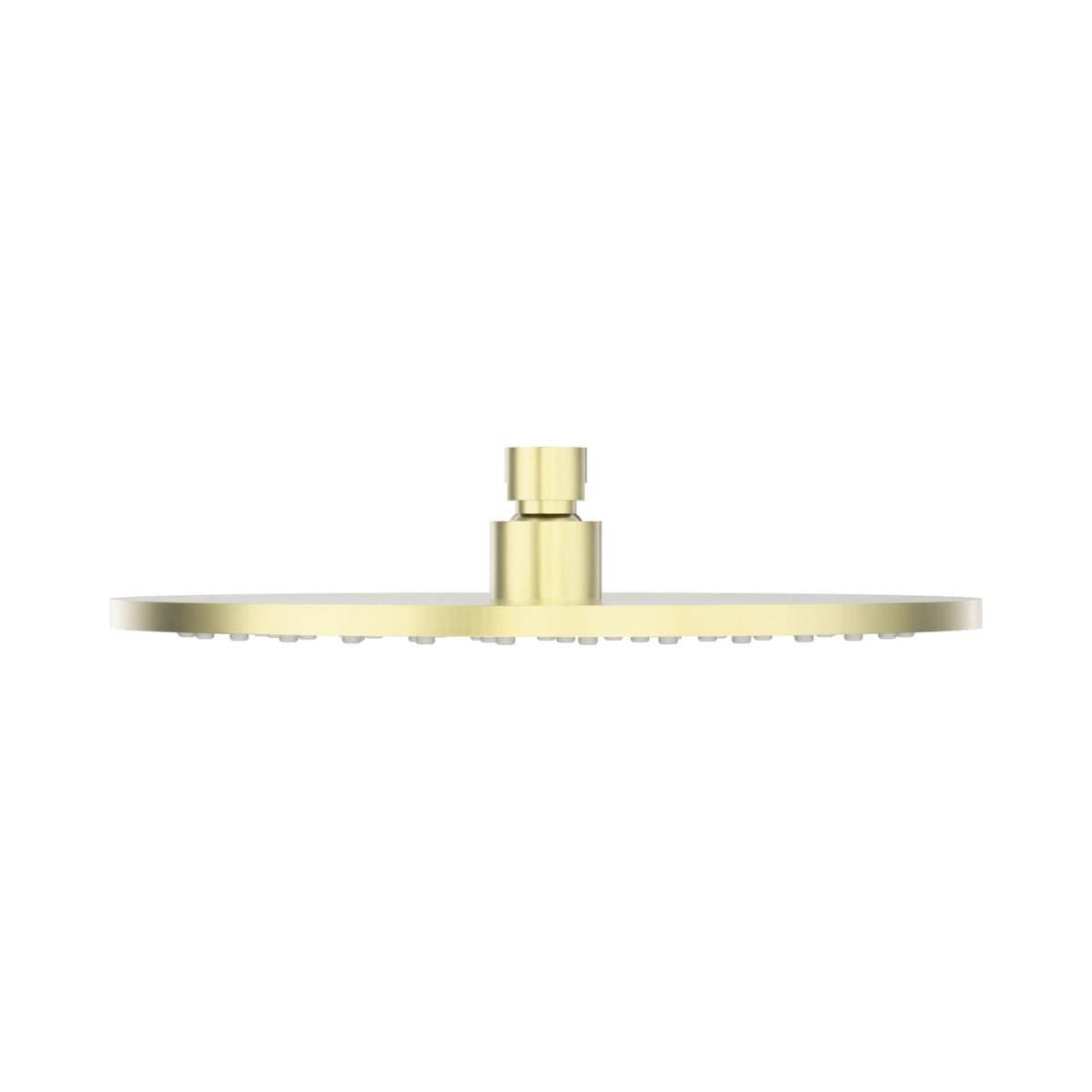 Nero round metal shower head in brushed gold, side view, with slim profile and central connection fitting