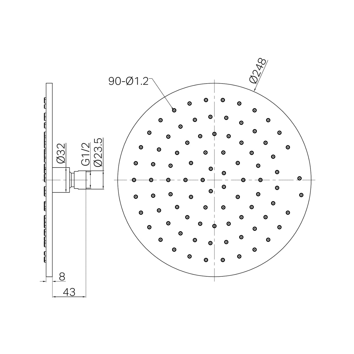Technical drawing of a Nero 250mm round shower head in brushed gold, showing front and side dimensions and G1/2 connection