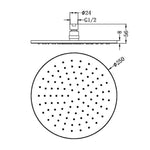 Nero 250mm round matte black shower head technical drawing with dimensions and single-spray holes