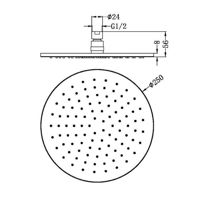 Nero 250mm round matte black shower head technical drawing with dimensions and single-spray holes