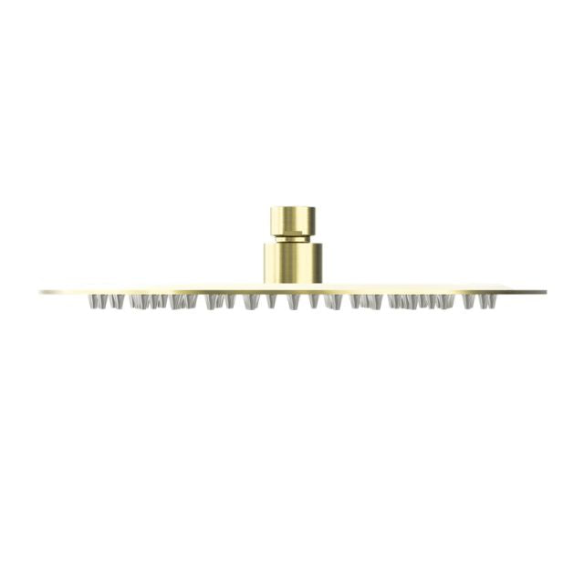 Nero round brushed gold shower head, side view, showing slim stainless steel profile and connection fitting