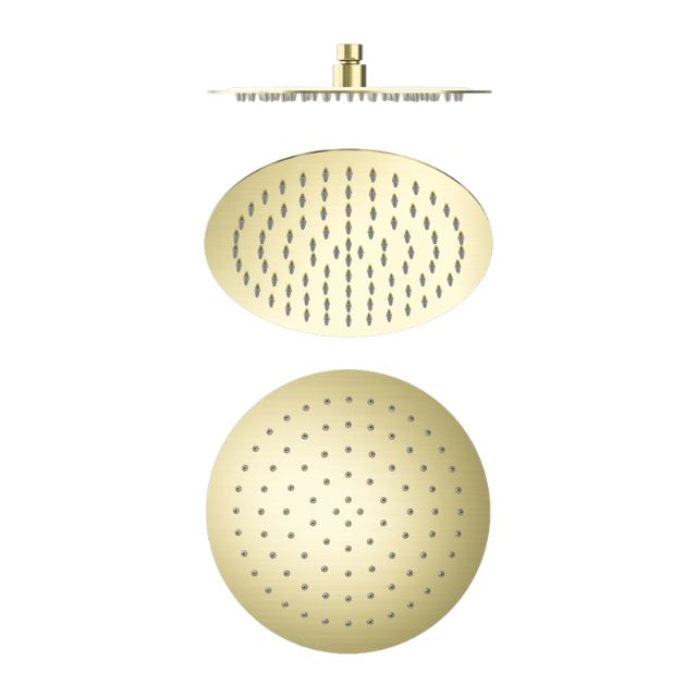Nero 250mm round shower head in brushed gold, shown front and side view on white background