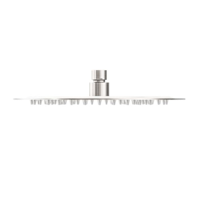 Nero 250mm round shower head in brushed nickel stainless steel, side view on white background