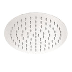 Nero 250mm round shower head in brushed nickel, with a stainless steel face and evenly spaced nozzles on white background