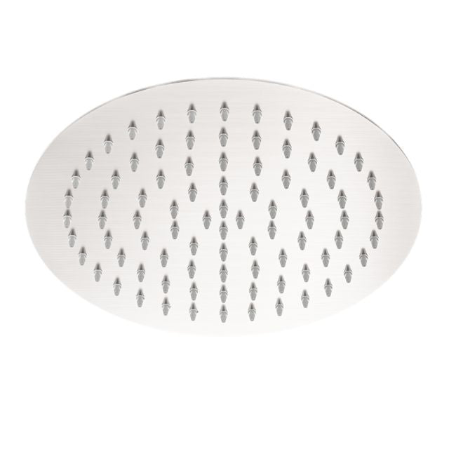 Nero 250mm round shower head in brushed nickel, with a stainless steel face and evenly spaced nozzles on white background