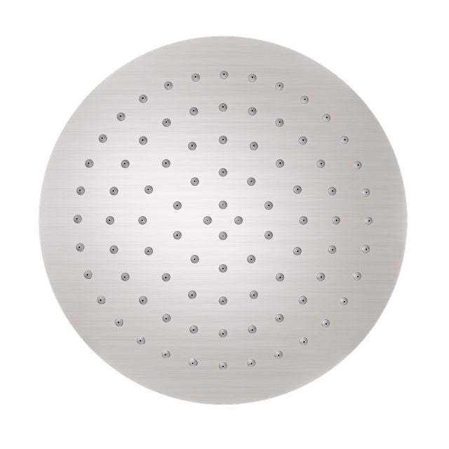 Nero 250mm round stainless steel shower head in brushed nickel, front view, with evenly spaced spray nozzles