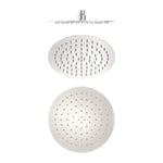 Nero round stainless steel shower head in brushed nickel, shown front and side views, 250mm wide with single spray outlets