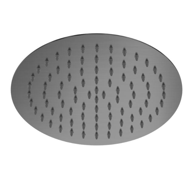 Nero 250mm round shower head in gun metal stainless steel, front view, with single spray nozzles