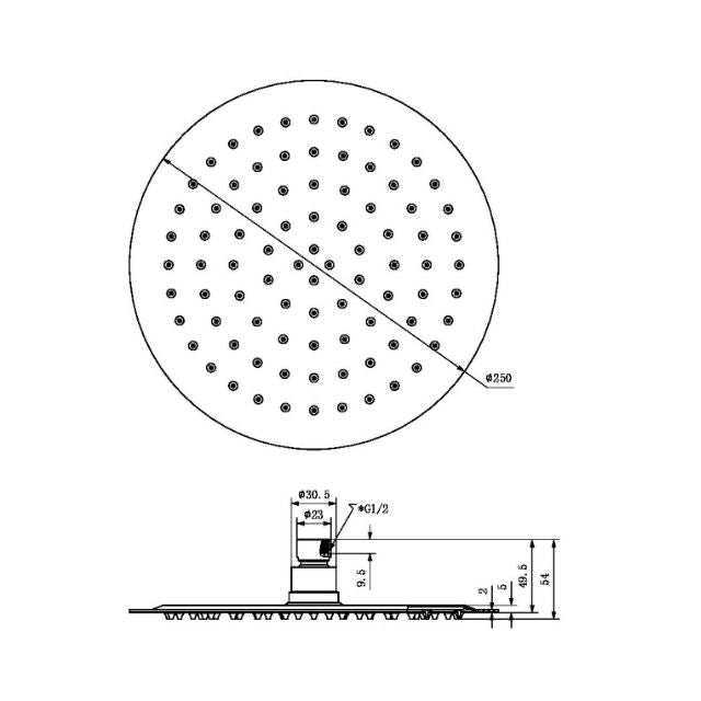 Technical drawing of Nero 250mm round shower head in gun metal, showing face and side dimensions and spray holes