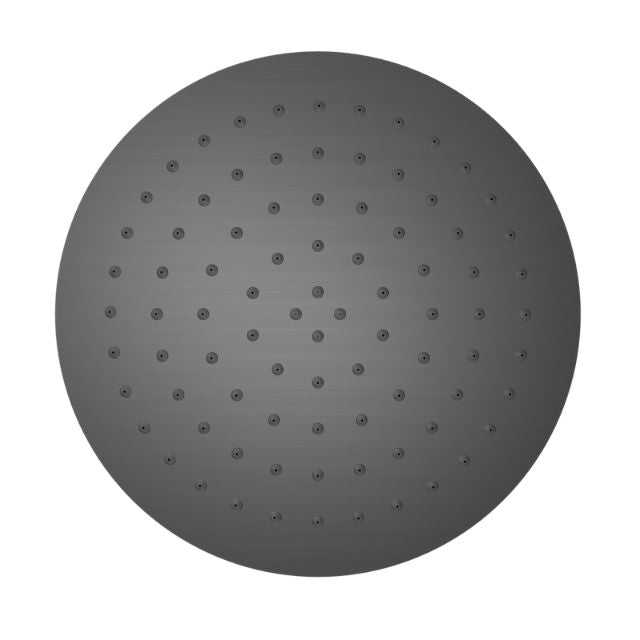 Nero 250mm round gun metal stainless steel shower head, front view with spray nozzles