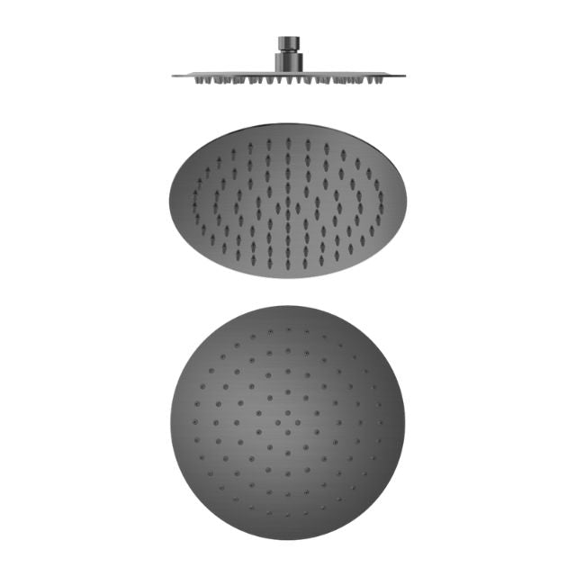 Nero 250mm round gun metal stainless steel shower head, shown front and side views on white background