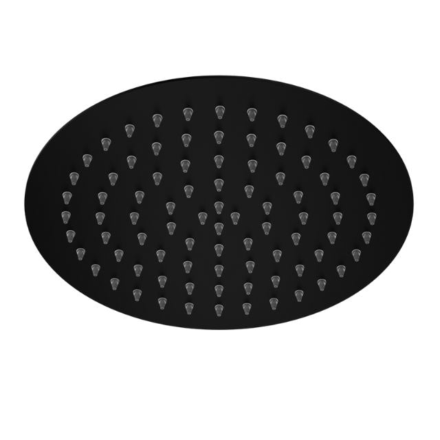 Nero round matte black shower head, 250mm stainless steel, front view with single-spray nozzles