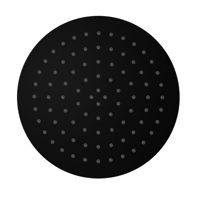 Nero round matte black stainless steel shower head, 250mm face, front view with multiple spray nozzles
