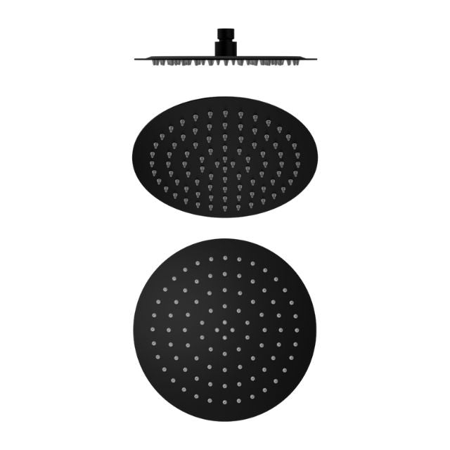 Nero 250mm round matte black stainless steel shower head, shown front and side views, with round spray face