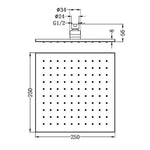 Nero 250mm square shower head in brushed gold, shown in technical drawing with dimensions and spray nozzle layout