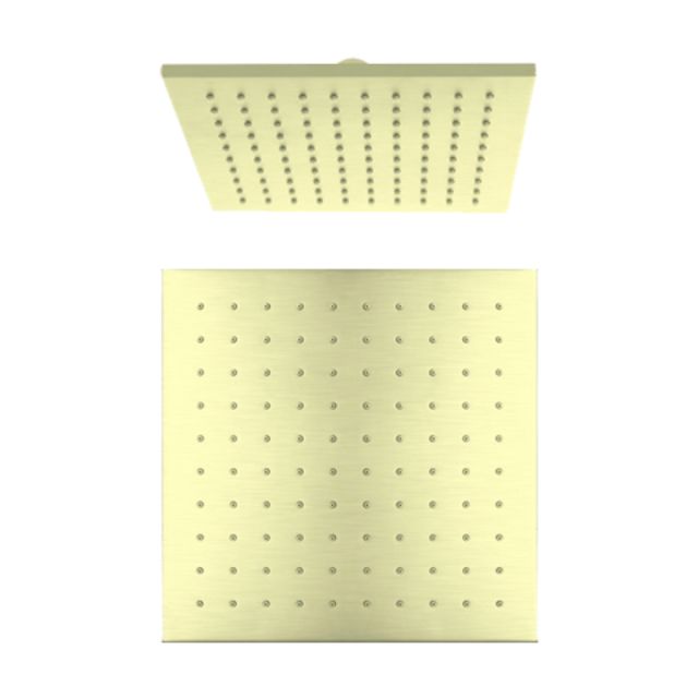 Nero 250mm square shower head in brushed gold, front and angled views, with single spray nozzles