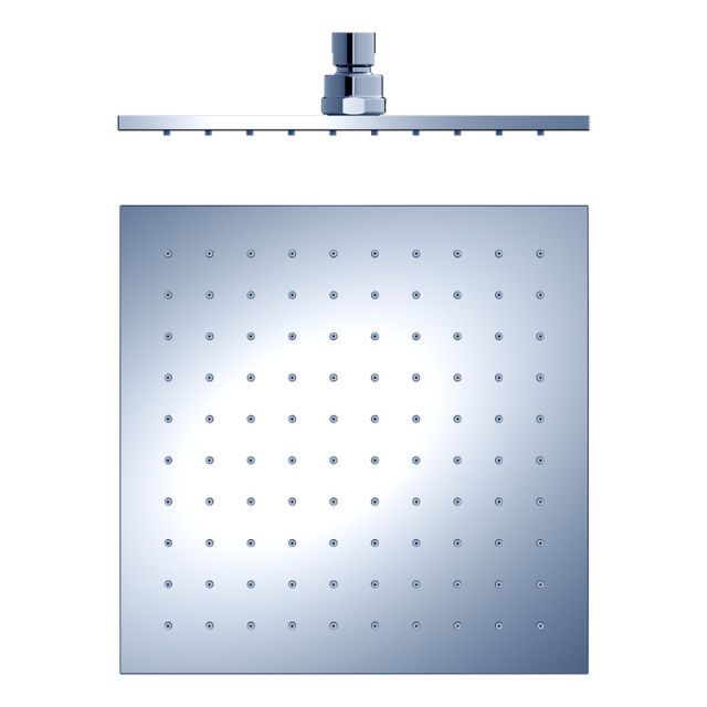 Nero 250mm square chrome shower head, front view with single spray nozzles