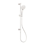 Nero 3 function shower rail in brushed nickel with round hand shower and hose, wall-mounted on white background