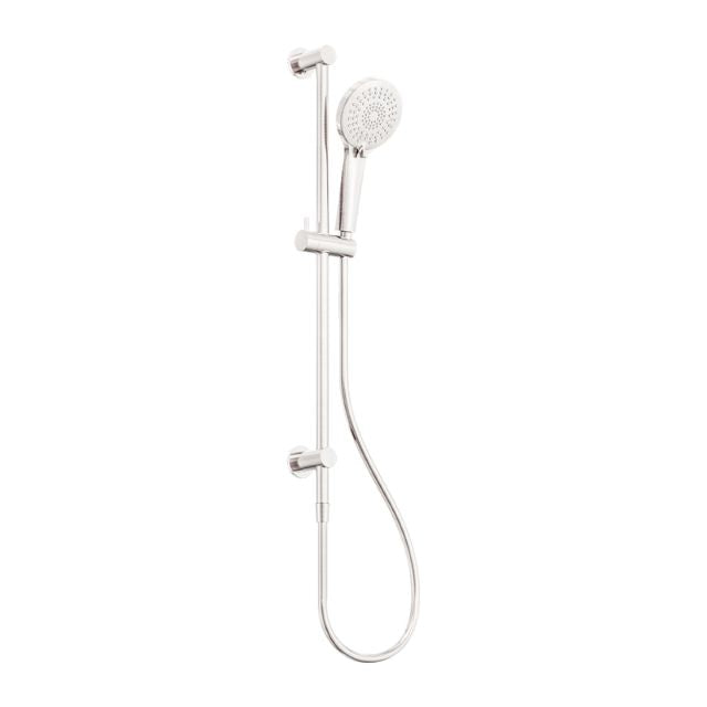 Nero 3 function shower rail in brushed nickel with round hand shower and hose, wall-mounted on white background