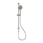 Nero 3 function shower rail in brushed nickel, wall mounted with hand shower, rail and hose on white background