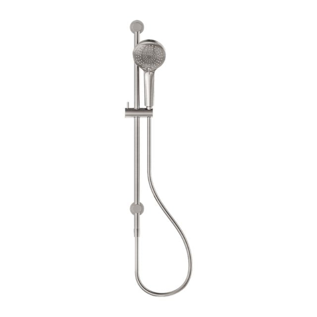 Nero 3 function shower rail in brushed nickel, wall mounted with hand shower, rail and hose on white background