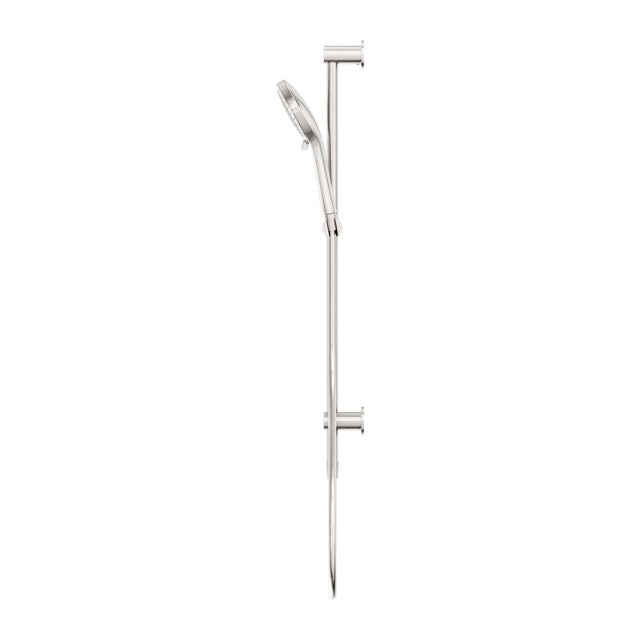 Nero 3 function shower rail in brushed nickel, wall-mounted rail shower with hand shower on white background