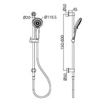 Technical drawing of Nero brushed nickel 3 function shower rail with hand shower, hose and wall-mount dimensions